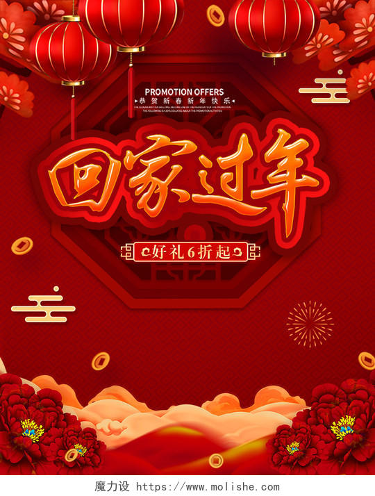 回家过年红色喜庆海报新年春节中国风banner古风电商模版